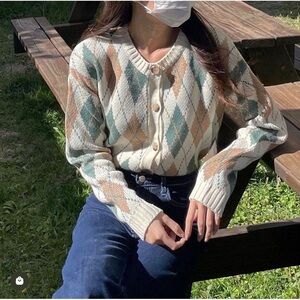 OAK + FORT Argyle Cardigan in Cream, Tan, and Green